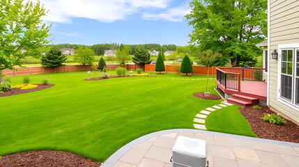 Green backyard landscape. View of house with walkout deck and pa