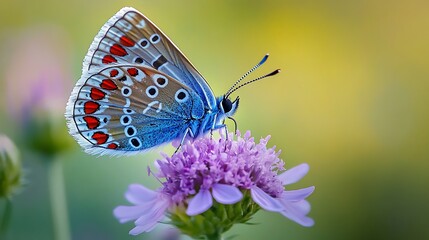 Obraz premium A vibrant blue butterfly with red and white spots perched atop a delicate purple flower blossom bloom