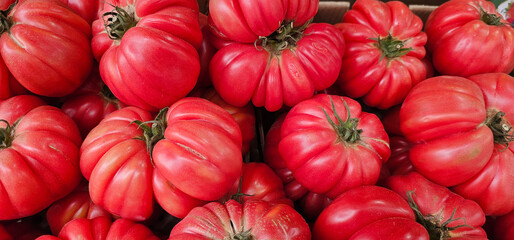 Top view of numerous ribbed heirloom tomatoes with vibrant red skin, tightly packed in a box. Their irregular shapes and organic texture emphasize freshness, natural ripeness, and garden quality.