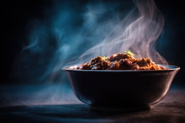 Steaming bowl of chili, slightly off-center, with a dark background and wisps of vapor rising