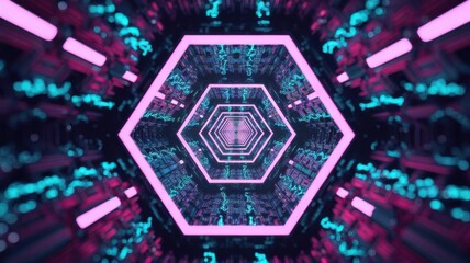 Abstract Hexagonal Tunnel with Glowing Neon Lights for Sci-Fi Backgrounds