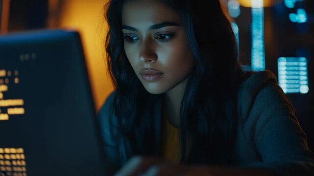 A woman is sitting in front of a lit computer screen at night, engrossed in her work on the laptop. She's wearing casual attire and appears focused on the task at hand.