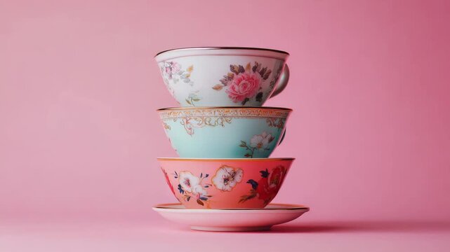 Colorful set of tea cups and saucers with floral designs.