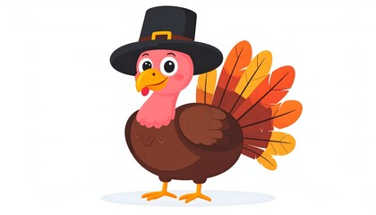 Cute cartoon turkey character wearing a pilgrim hat. A funny and cheerful bird illustration for the Thanksgiving holiday, isolated on a white background.