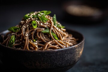 Dark bowl of soba noodles topped with sesame seeds and green onions