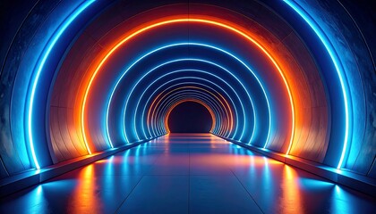 Futuristic neon tunnel.  Circular rings of bright blue and orange neon light illuminate a long, dark tunnel.  A smooth, reflective floor mirrors the glowing arches.  Dark, empty space at the far end