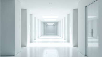 Minimalist white modern corridor interior with doors and sunlight