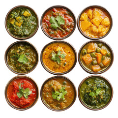 A vibrant selection of Indian curries in bowls, featuring a variety of colors and ingredients, perfect for sharing and enjoying traditional cuisine. on transparent background