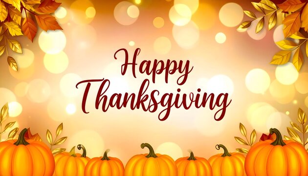 Happy Thanksgiving banner or social media template. Features elegant script typography, golden pumpkins, and a blurred bokeh background. A modern, festive graphic for the fall season.