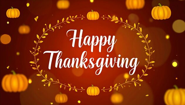 Happy Thanksgiving greeting card featuring elegant calligraphy inside a golden vine wreath. A festive background with pumpkins and warm bokeh lights for the holiday season.