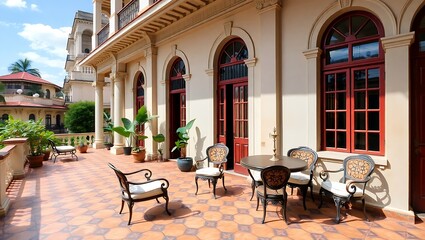 Naklejka premium Cuban colonial-style mansion terrace in Havana, colorful tiles, vintage furniture