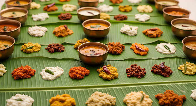 Traditional Kerala Sadhya Vegetarian Festive Meal Served on Banana Leaf