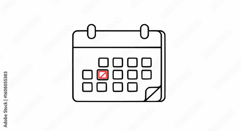 Poster outline drawing of a calendar with a red mark on one of the days indicating a selected date or event
