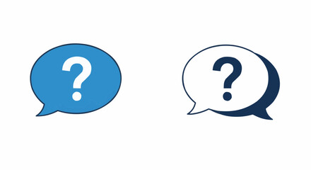 Two speech bubbles with question marks in blue and white asking for information or assistance now