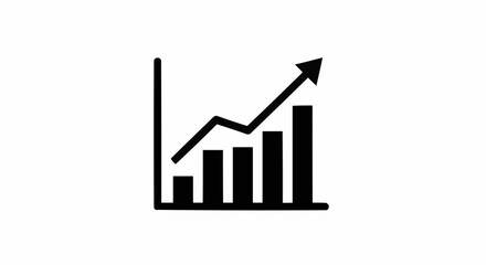 Black bar graph with an arrow pointing upwards showing growth and positive trend on a white background