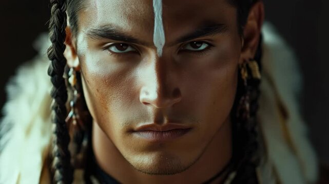 Man in Native American tribal dress, serious expression, looking to the side.
