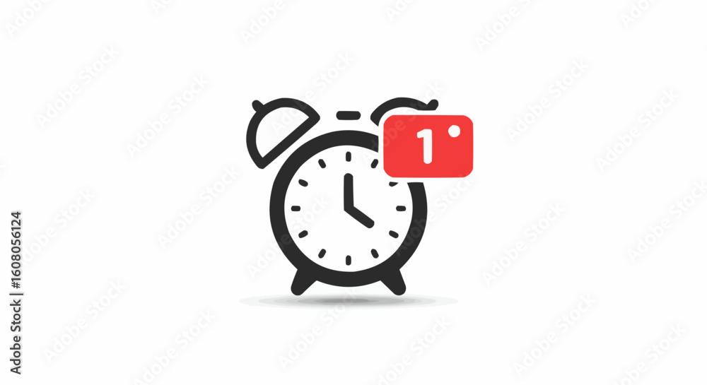Poster alarm clock illustration with a red notification box displaying the number one icon on a white backg