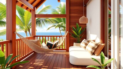 Fototapeta premium Cozy reading nook on a tropical balcony, hammock and cushions, 3D illustration