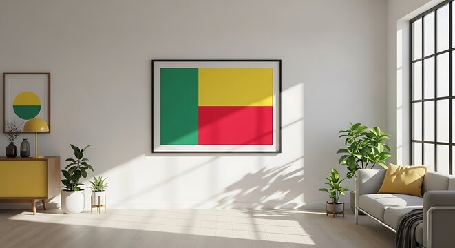 Fantasy concept art of a floating island shaped like the map of Benin with its national flag, celebrating Independence Day on the 1st of August. - Powered by Adobe