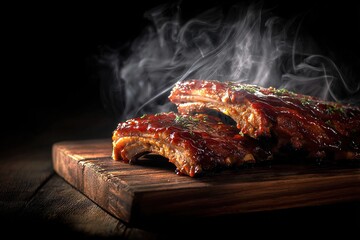 and keyword list fitting your specifications

 Smoking BBQ Ribs on Wooden Board