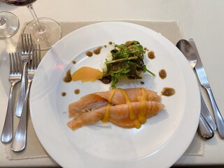 Smoked Salmon Fillet with Greens and Lemon Dressing on White Plate
