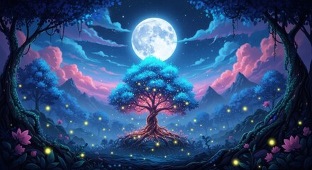 Naklejka premium Enchanted Forest Under a Radiant Full Moon with Glowing Fireflies and Mystical Trees