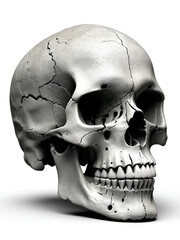 Obraz premium Isolated skull with cracks and a weathered texture on a white background