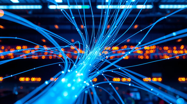 Optic fiber wire cables internet and network infrastructure communication concept. High speed data transfer and global communications technology - Powered by Adobe