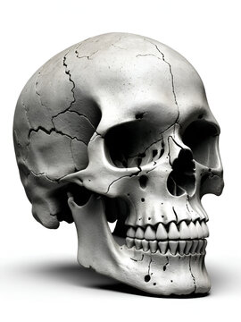 Isolated skull with cracks and a weathered texture on a white background