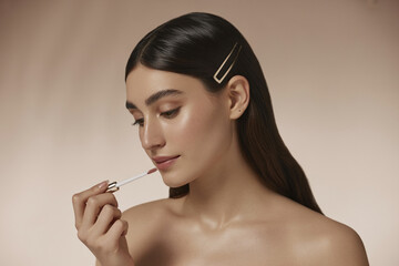 Obraz premium A young woman with long, sleek black hair parted in the middle, wearing a gold hair clip accessory, applies liquid lipstick to her lips.