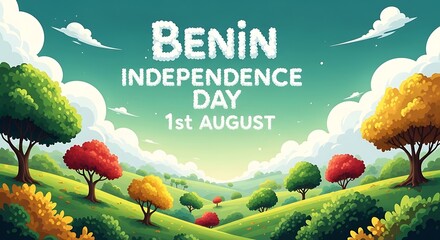 Benin Independence Day on 1st August, celebrated with a festive vector illustration of a beautiful African landscape with colorful trees.