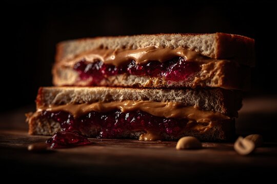 Close-up of two peanut butter and jelly sandwiches layered