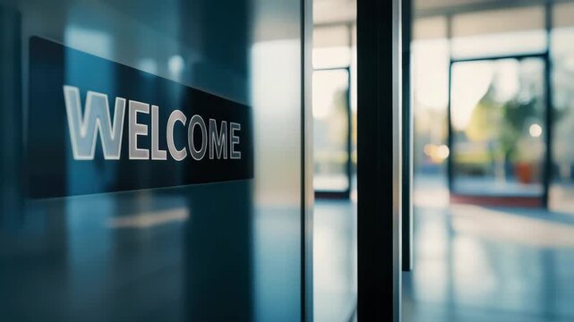 A professional welcome sign on a reception desk.