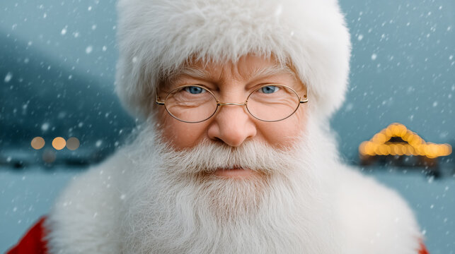 Santa Claus with a white beard and glasses smiling in a snowy winter landscape - Powered by Adobe