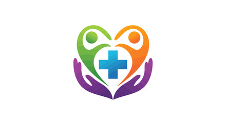 Colorful healthcare logo with two abstract figures forming a heart around a blue medical cross, held by purple hands.