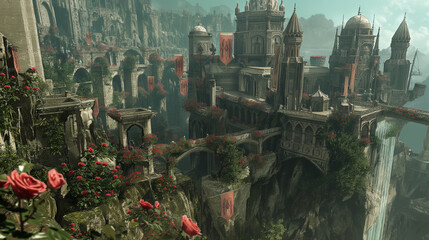 Fantasy castle with towers and rose-covered stone bridges on a cliff