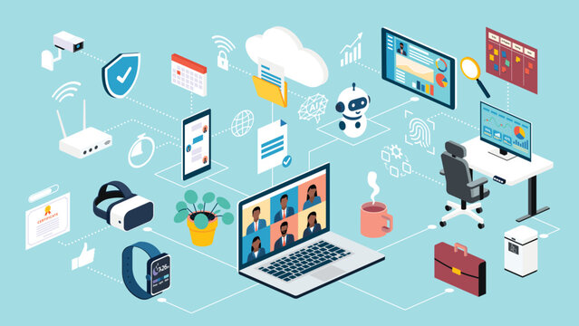 Future of work and digital workplace concept with remote collaboration, cloud computing, virtual meetings, wearable tech, productivity tools, and smart office environment, flat vector illustration