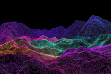 Colorful wireframe mountains against a black background