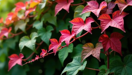 Vibrant red vine leaves cascade down a lush green vine plant , nature, botanical, flowering plant