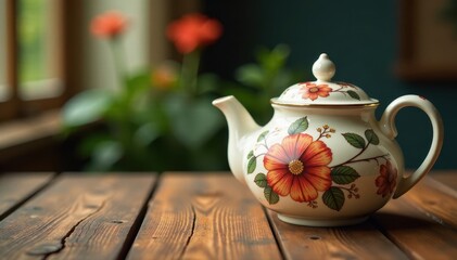 Warm ceramic teapot kettle with floral patterns on wooden table, vintage, teapot, autumn