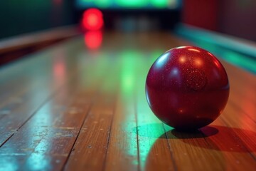 Vintage bowling ball with sparkly surface on a worn lane, vintage bowling alley, blurry lights, retro vibes