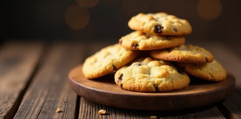 Warm cookies piled high on a rustic wooden platter , dessert, christmas, food