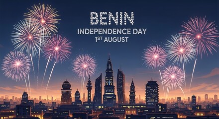 Commemorating Benin Independence Day on August 1st with a spectacular fireworks show above a glowing city. Whisk_04885f5afd.