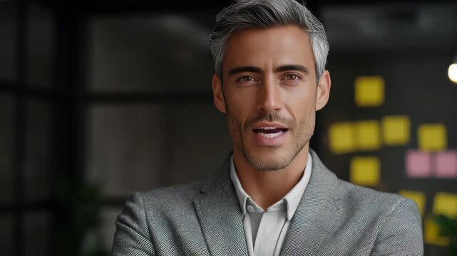 Man with gray beard and hair, wearing suit, speaking assertively.