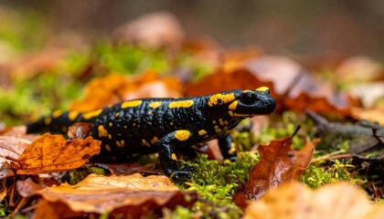 Fototapeta premium A fire salamander in woodland habitat