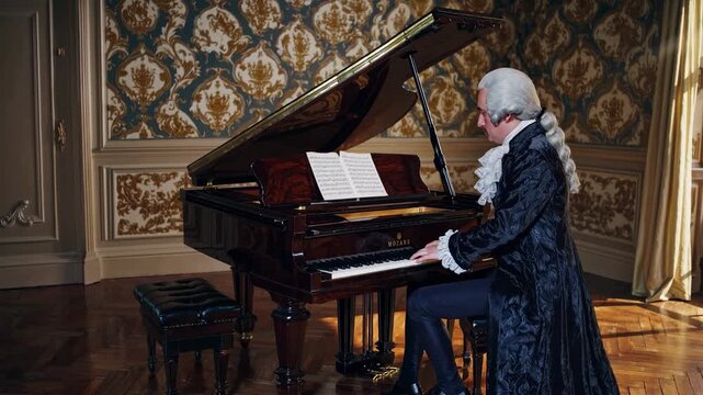 A vintage-style video still of a man in period attire playing a grand piano. Sunlight streams through a window, captured from a side angle. Live desktop wallpaper.