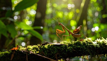 Dead Leaf Mantis on mossy branch lit up