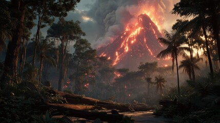 Hyper-realistic volcanic eruption in tropical jungle valley, glowing lava flows igniting forests with thick smoke, fallen logs foreground, dramatic apocalyptic lighting