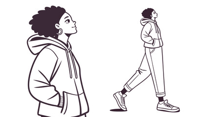 Two outlined figures of a woman in a hoodie looking up with a thoughtful and curious expression on their face