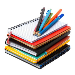 A stack of colorful notebooks and writing utensils sits atop a white background.  